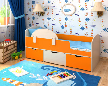 Кровать Малыш-мини с бортиком Дуб молочный/Оранжевый в Горном - gornyj.mebel54.com | фото