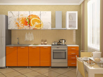 Кухонный гарнитур 1,6м Апельсин (Белый/Оранжевый металлик/Фотопечать апельсин) в Горном - gornyj.mebel54.com | фото